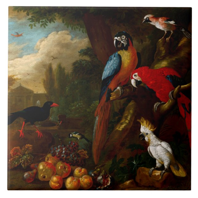 Two Macaws a Cockatoo and a Jay with Fruit Tile (Front)