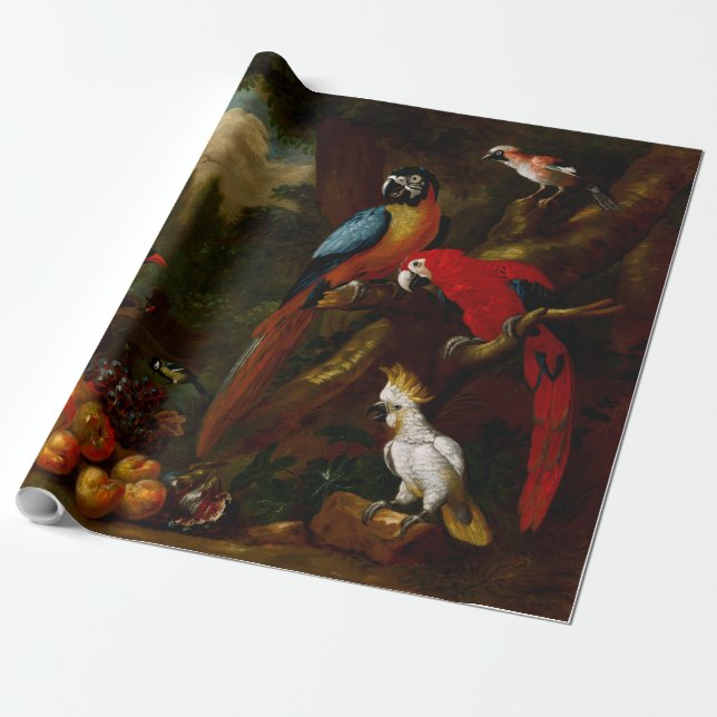 Two Macaws a Cockatoo and a Jay with Fruit Wrapping Paper (Unrolled)