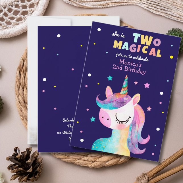Two magical rainbow pastel unicorn second birthday invitation (Creator Uploaded)