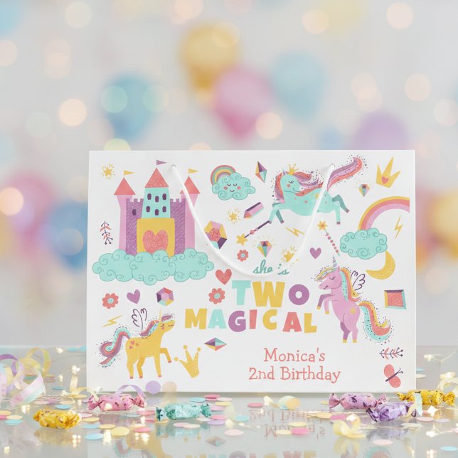 Two magical rainbow pastel unicorn second birthday large gift bag (Creator Uploaded)