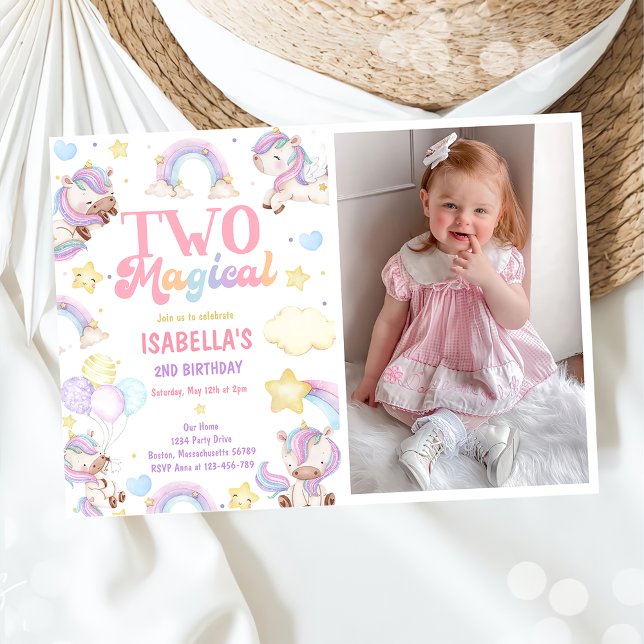 Two Magical Rainbow Unicorn 2nd Birthday Party Invitation (Creator Uploaded)