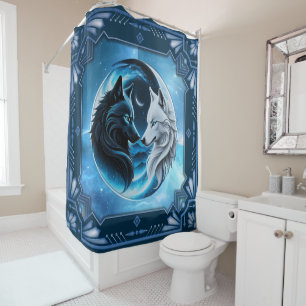 Two majestic wolf heads shower curtain
