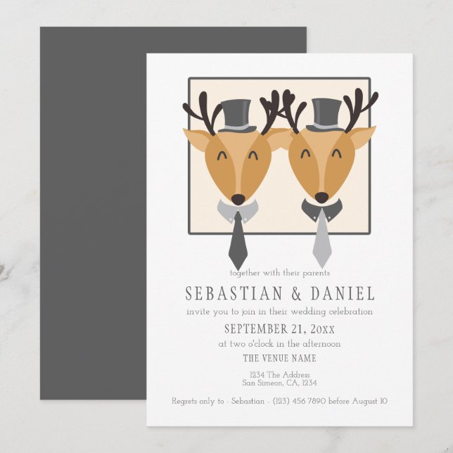 Two Male Deer In Ties And Top Hats Gay Wedding Invitation (Front/Back)