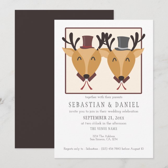 Two Male Deer In Top Hats Gay Wedding Invitation (Front/Back)