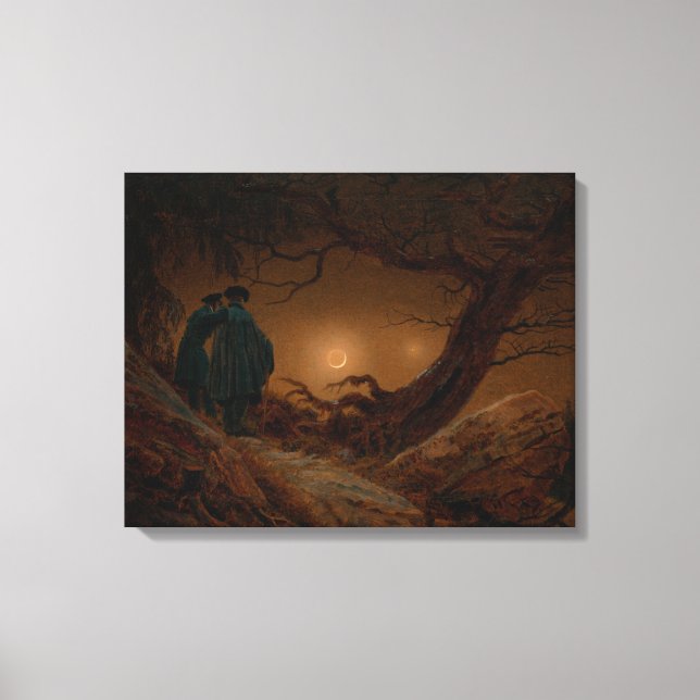 Two Male Friends Contemplating the Moon at Night Canvas Print (Front)