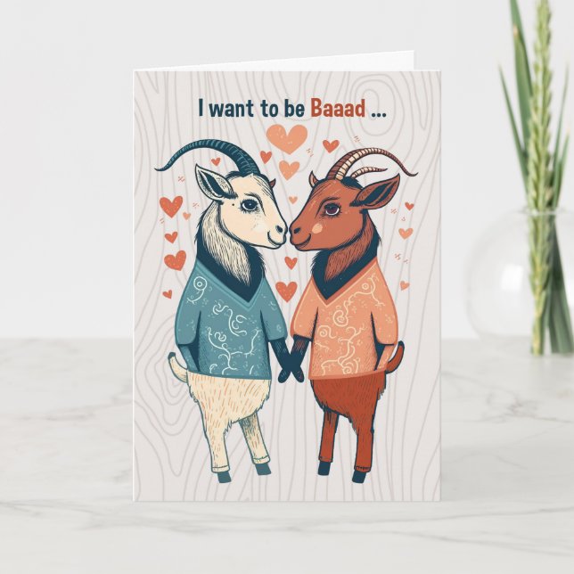 Two Male Goats Want to be Baaad Gay Valentine Holiday Card (Front)