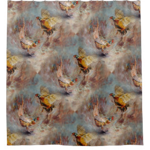 Two male ring-neck pheasants fighting. shower curtain