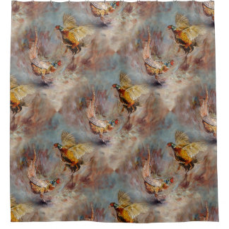 Two male ring-neck pheasants fighting. shower curtain