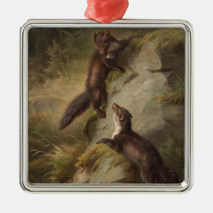Two Martens Playfully Fighting in the Woods Metal Tree Decoration