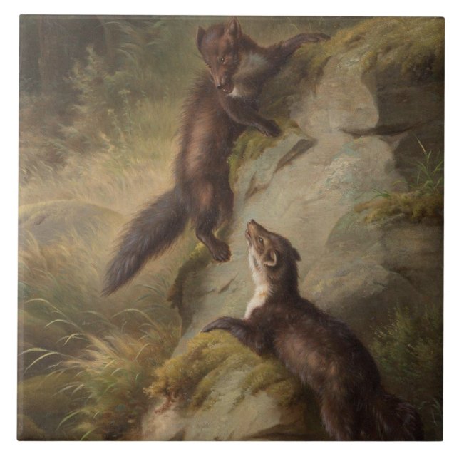 Two Martens Playfully Fighting in the Woods Tile (Front)