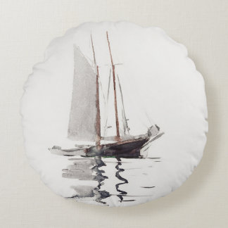 Two-masted Schooner with Dory by Winslow Homer Round Cushion
