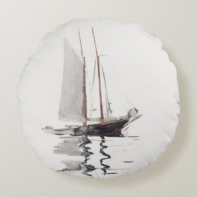 Two-masted Schooner with Dory by Winslow Homer Round Cushion (Front)