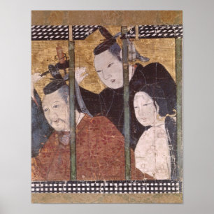 Two men and woman behind awning, detail screen poster