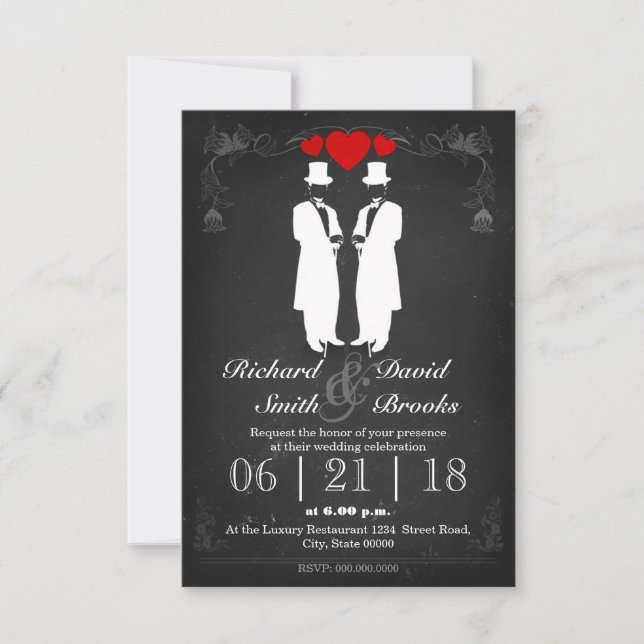 Two men in tuxedo with hats - Gay wedding Invitation (Front)