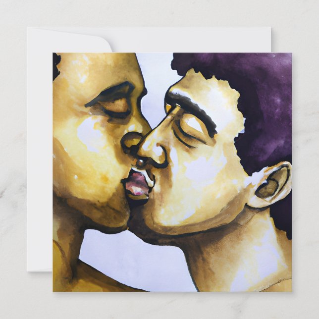 Two Men Kissing Bi-racial Couple Wedding Invitation (Front)