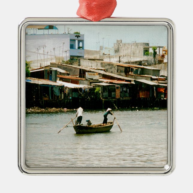 Two men on a boat - Saigon River. Metal Tree Decoration (Front)