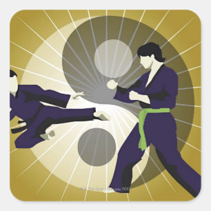 Two men performing martial arts in front of a square sticker