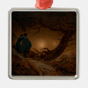 Two Men Viewing the Light of the Moon at Night Metal Tree Decoration