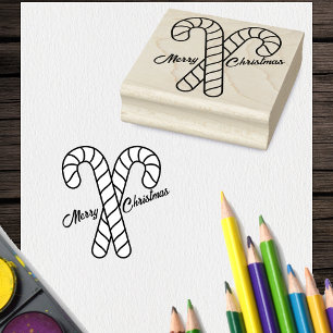 Two Merry Christmas Crossed Candy Cane outline Rubber Stamp