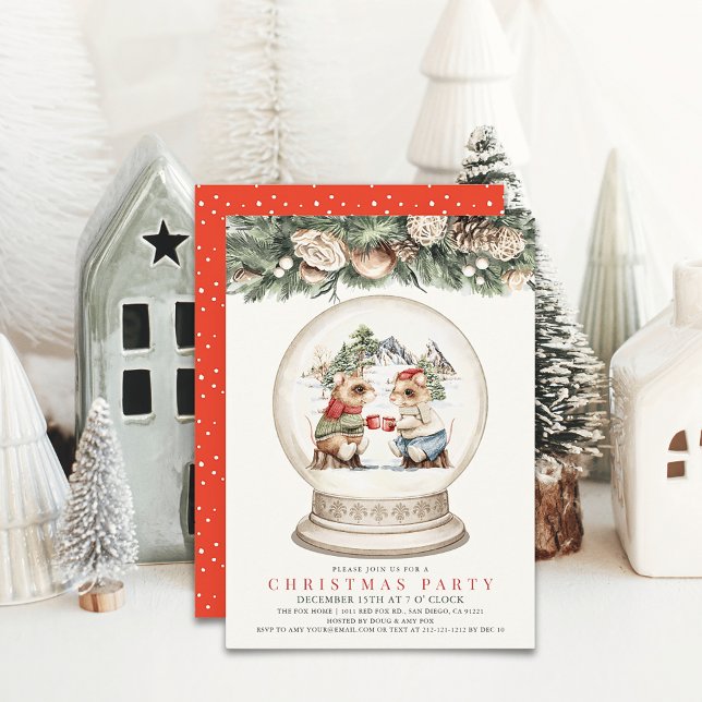 Two Mice Cheers Snow Globe Christmas Holiday Party Invitation (Creator Uploaded)