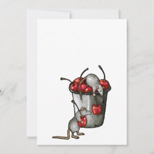 Two MICE Stealing Cherries, Bucket of Cherries Art Invitation