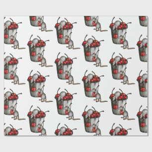 Two MICE Stealing Cherries, Bucket of Cherries Art Wrapping Paper