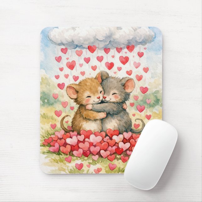Two Mice Under a Cloud of Hearts Mouse Mat (With Mouse)