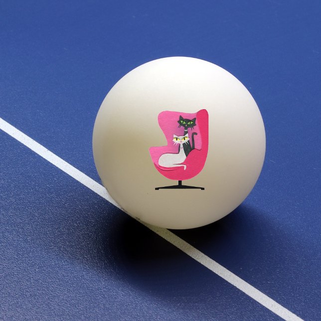 Two Mid Century Kitty Cats in Bright Pink Chair Ping Pong Ball (Classy atomic cats sitting in pink mid century chair on white pink pong balls.)