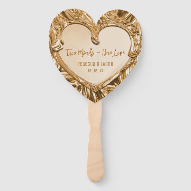 Two Minds One Love Gold Metal Heart Wedding Hand Fan (Back)