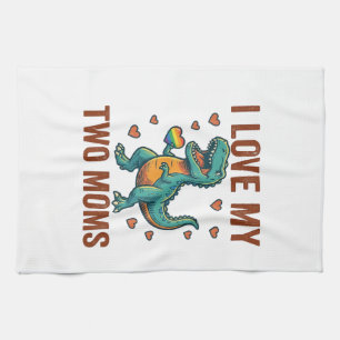 Two Moms Pride Dinosaur Vector T-Shirt Design_1 Tea Towel