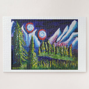 Two moons mountains night landscape art jigsaw puzzle