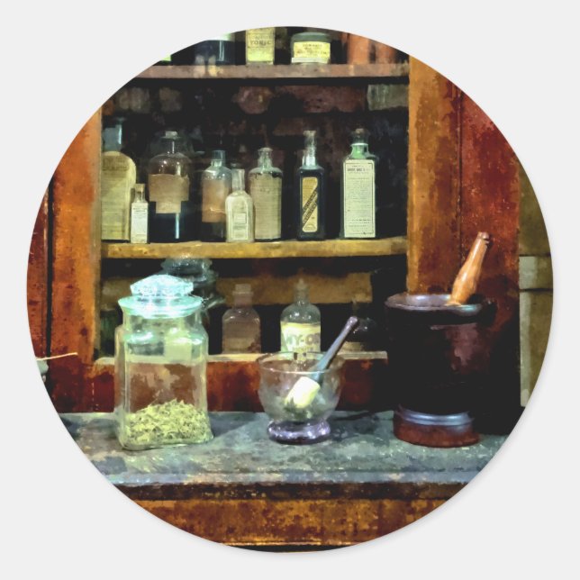 Two Mortar and Pestles and Glass Jar Classic Round Sticker (Front)