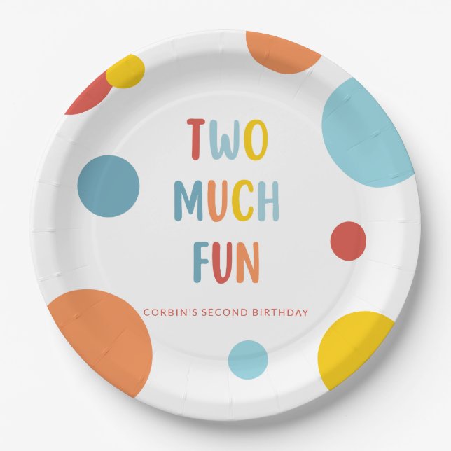 Two Much Fun Colourful 2nd Birthday Party Plates (Front)