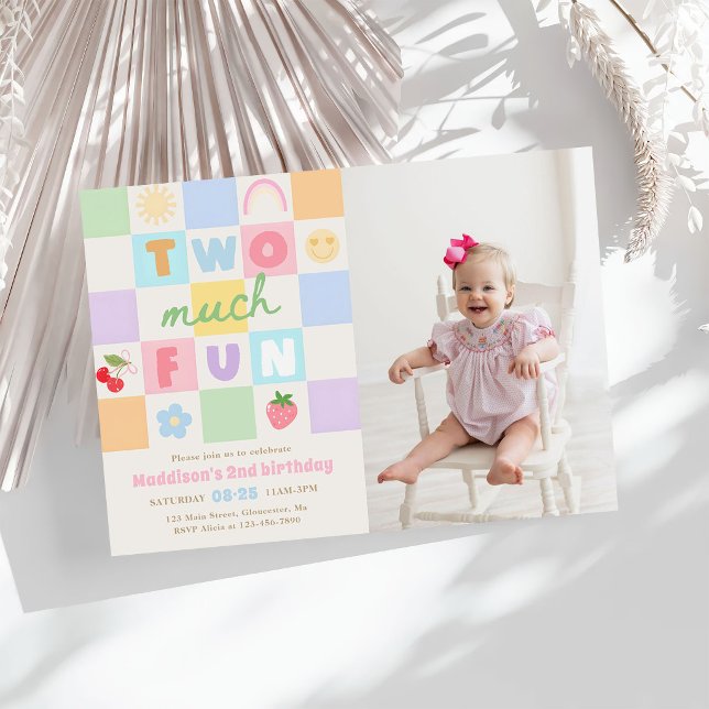 Two much Fun Colourful Gingham 2nd Birthday Photo Invitation (Creator Uploaded)