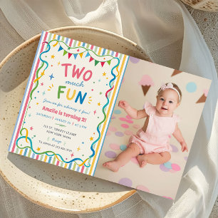 Two much Fun Colourful Striped 2nd Birthday Photo Invitation