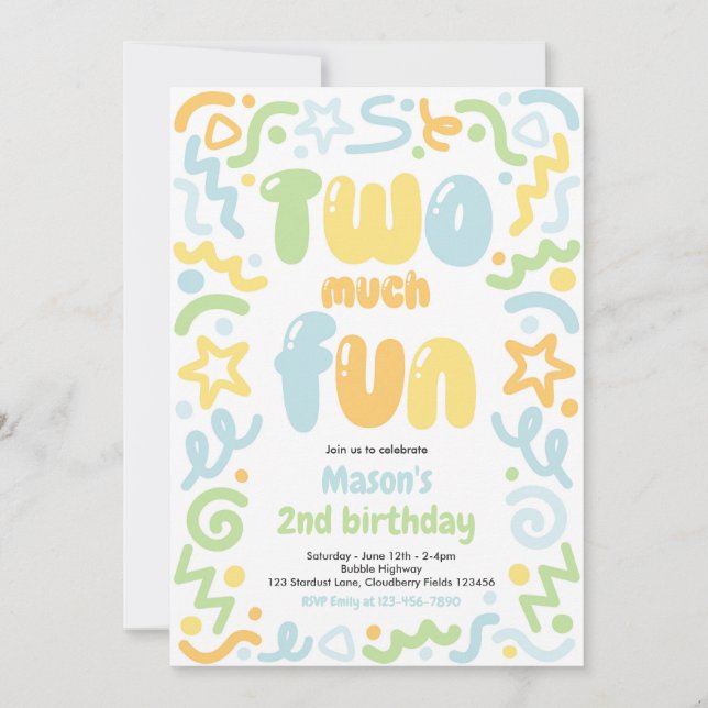 Two Much Fun Confetti Balloon 2nd Birthday  Invitation (Front)