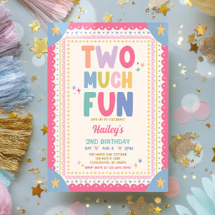 Two Much Fun Whimsical Girl 2nd Birthday Party Invitation