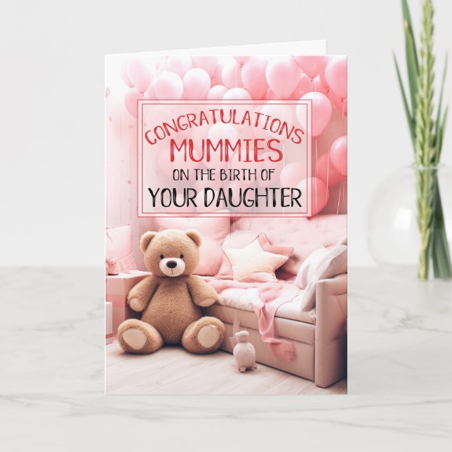 TWO MUMMIES Pink New Baby Congratulations Card (Front)