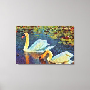Two mute swans in the water lily pond:Canvas Print