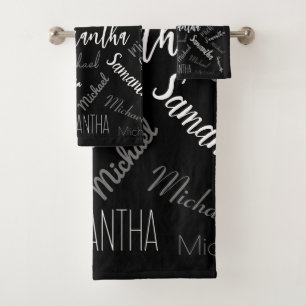 Two names couple pattern monogram black grey white bath towel set