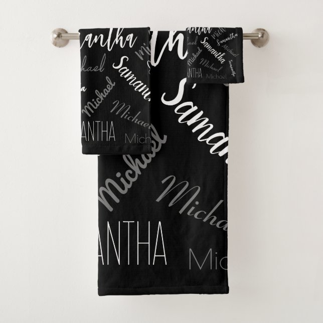 Two names couple pattern monogram black grey white bath towel set (Insitu)