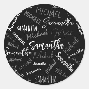 Two names couple pattern monogram black grey white classic round sticker