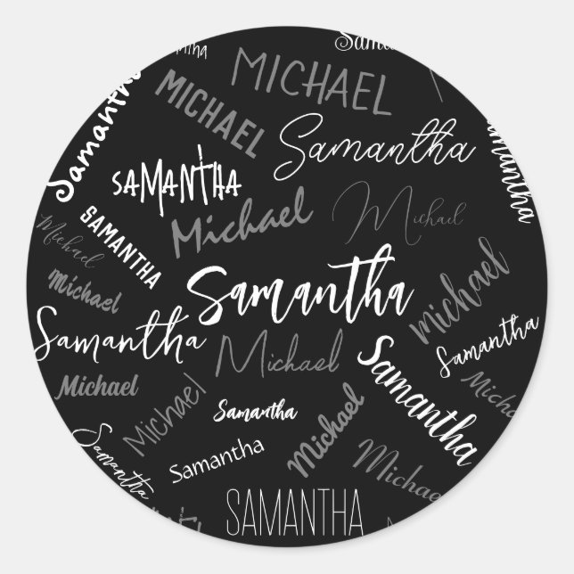 Two names couple pattern monogram black grey white classic round sticker (Front)