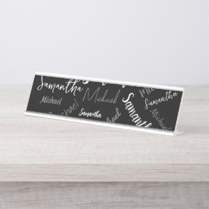 Two names couple pattern monogram black grey white desk name plate