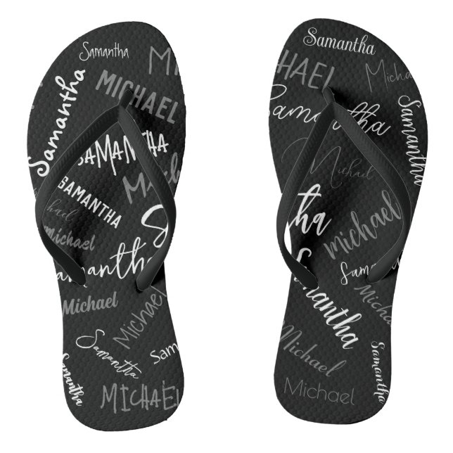 Two names couple pattern monogram black grey white flip flops (Footbed)