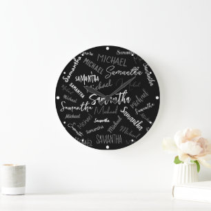 Two names couple pattern monogram black grey white large clock