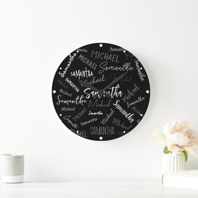 Two names couple pattern monogram black grey white large clock (Home)