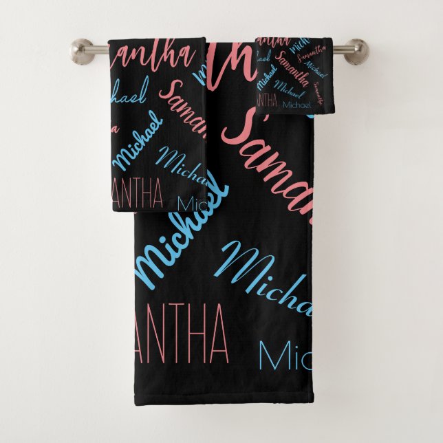 Two names couples pattern monogram blue light pink bath towel set (Insitu)