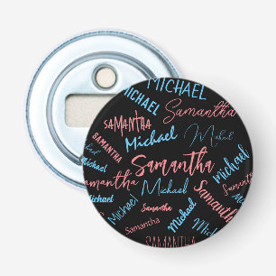 Two names couples pattern monogram blue light pink bottle opener