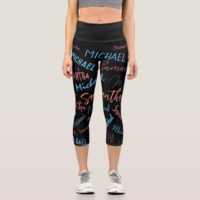 Two names couples pattern monogram blue light pink capri leggings (Front)